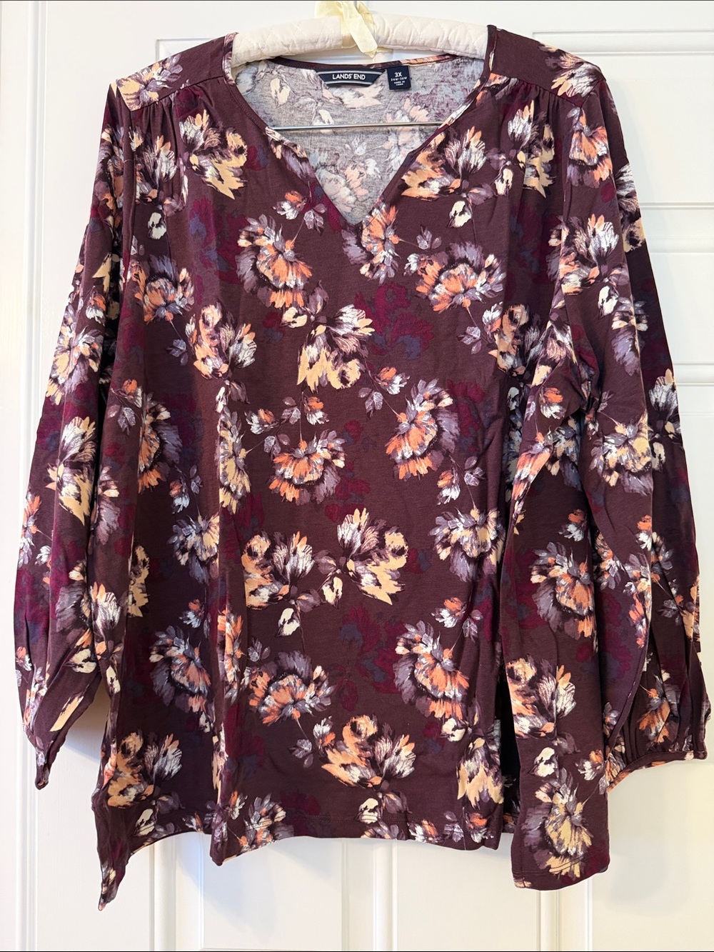 Lands' End Burgundy Floral V-Neck Tunic Top